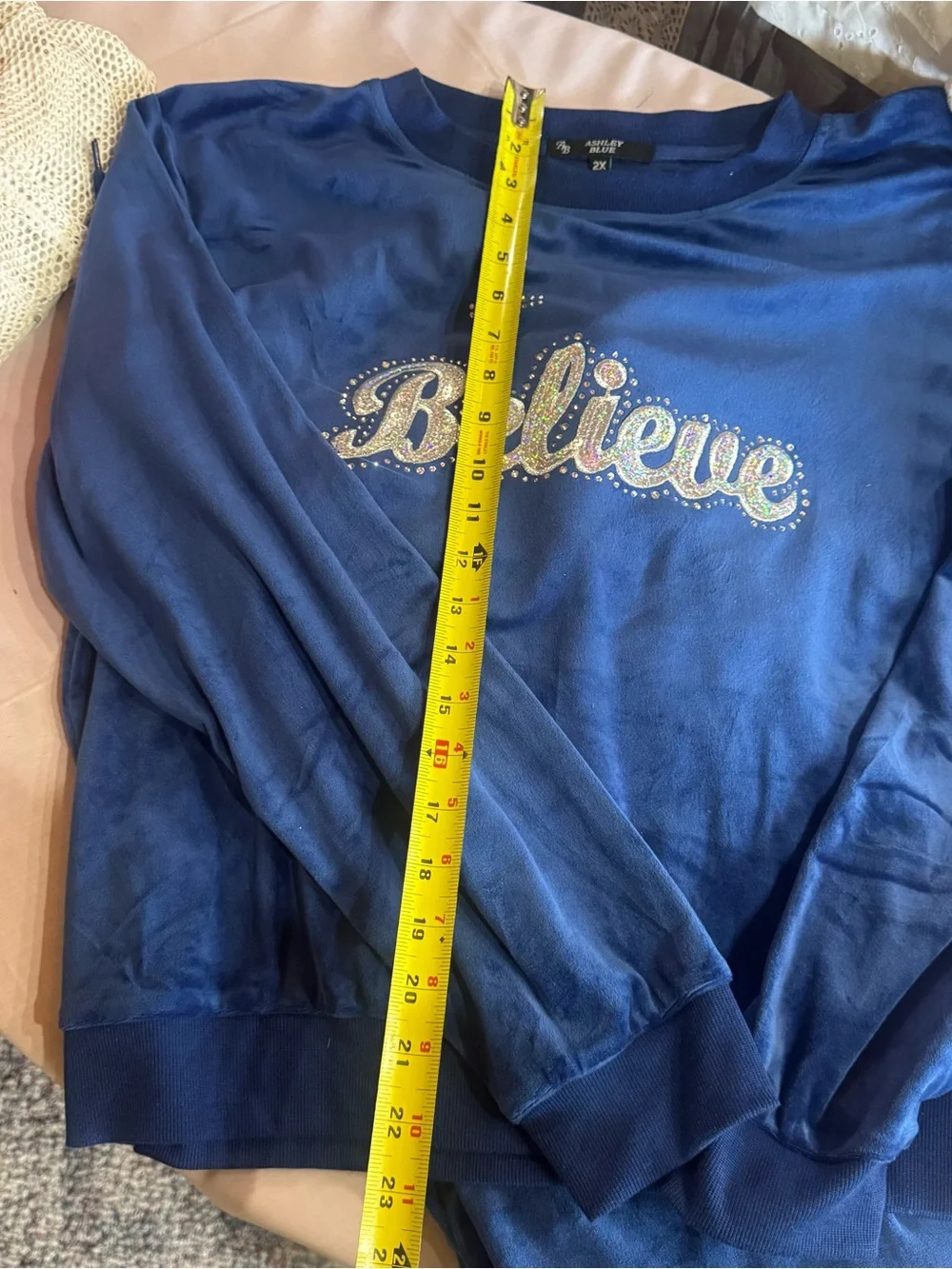 Ashley Blue velour Blue 'Believe' Embellished Lounge Set. Size 2x.